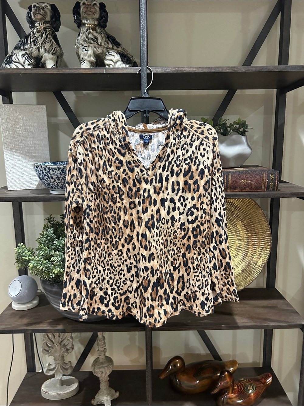 Chaps  medium Leopard Print V-Neck Hoodie in Tan and Black